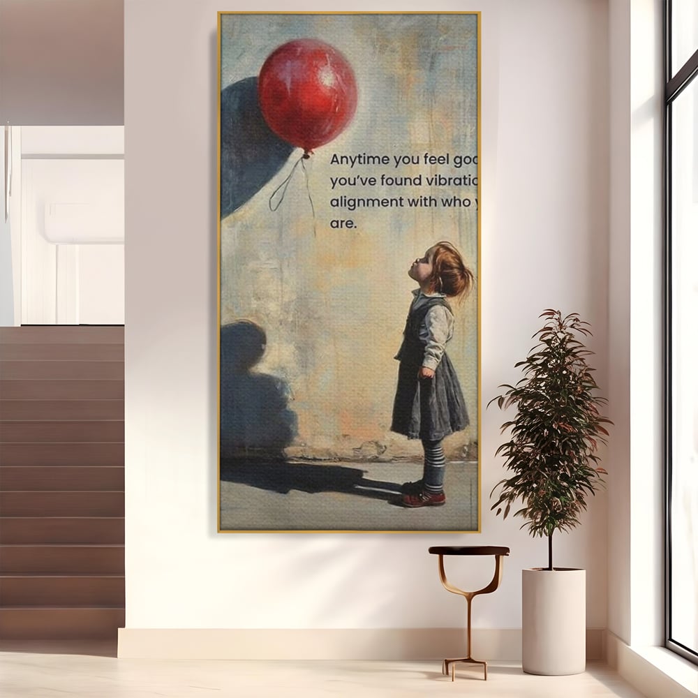 Tablou canvas cu tablou canvas cu fetita si balon rosu, in rama de aluminiu auriu